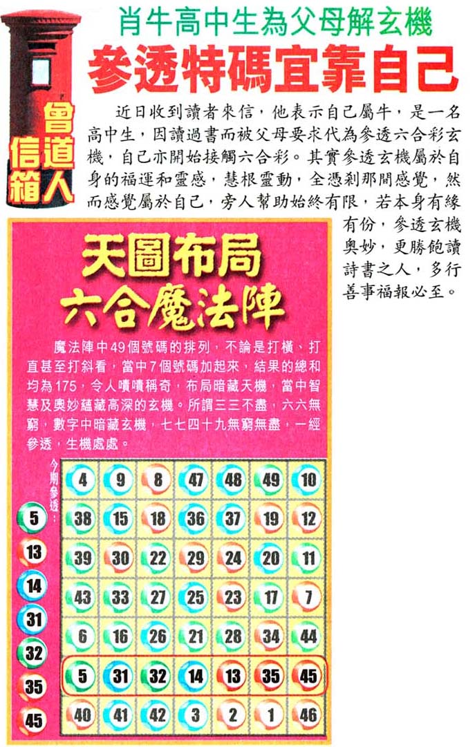 004期老版跑狗一字記之曰：【依】詩曰：似羊像鹿兩相依，一樹雙竹托雲碟。雲映月，風舞蝶，篷草捲地翻葉；幹直粗，枝三數，禿動羊鹿相好。玄機測字：《休》
