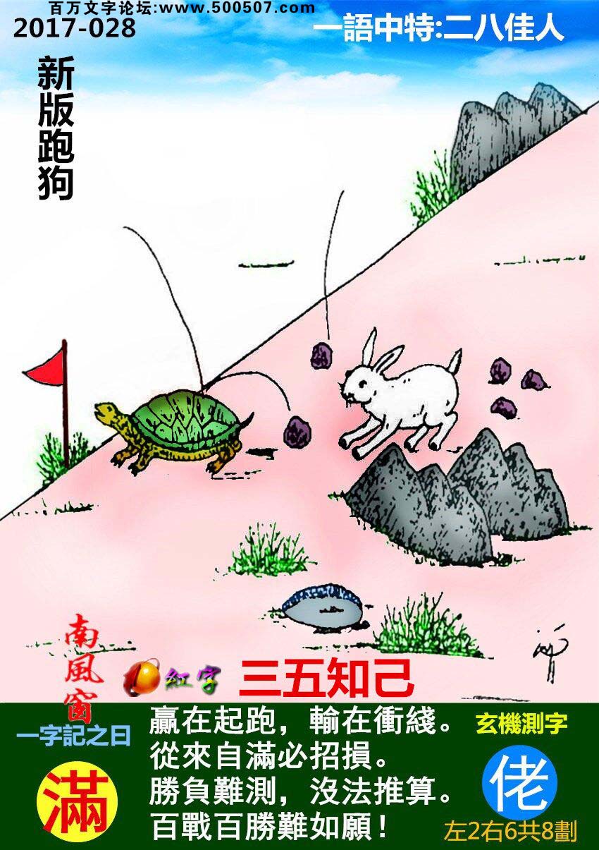 028期跑狗一字記之曰：【滿】贏在起跑，輸在衝綫。從來自滿必招損。勝負難測，沒法推算。百戰百勝難如願！玄機測字：《佬》