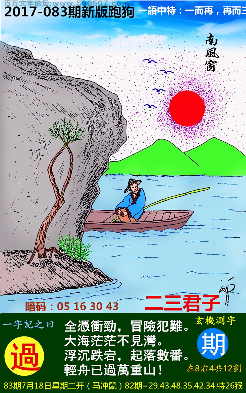 083期跑狗一字記之曰：【過】全憑衝勁，冒險犯難。大海茫茫不見灣。浮沉跌宕，起落數番。輕舟已過萬重山！玄機測字:《期》一語中特【一而再，再而三。】