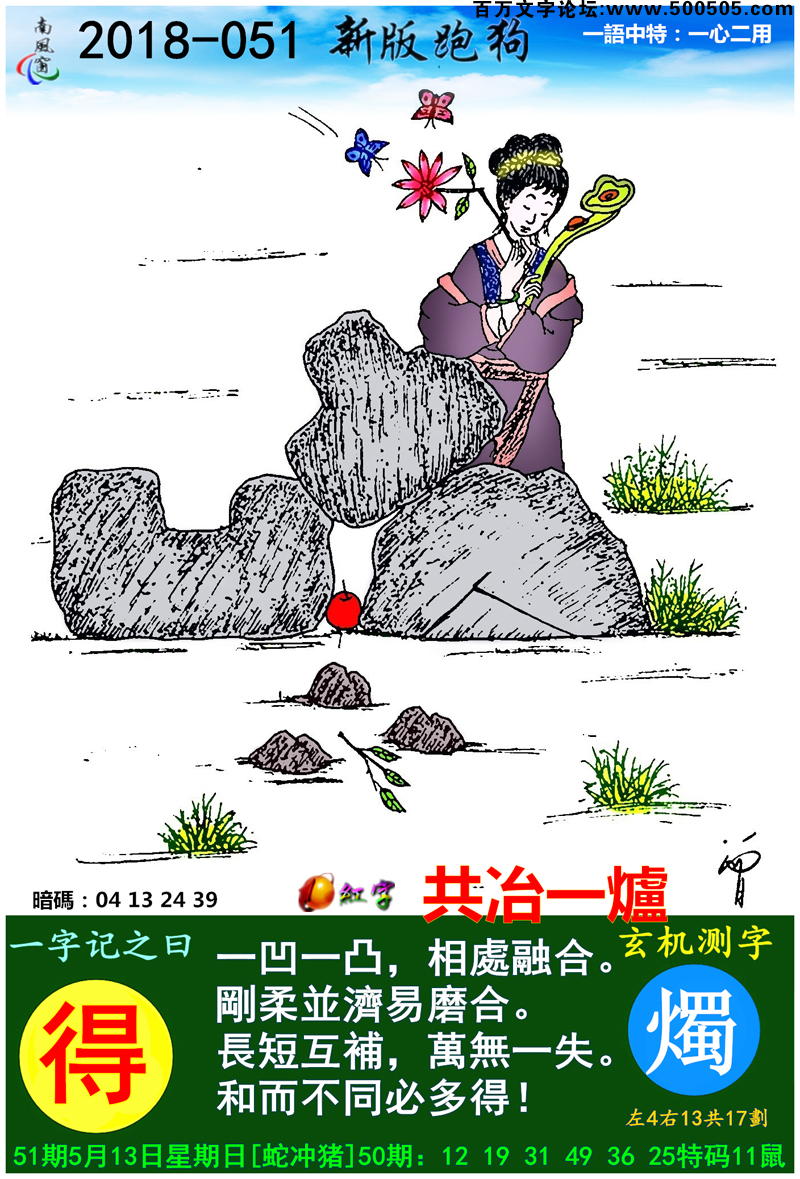 051期跑狗一字記之曰：【得】一凹一凸，相處融洽。剛柔並濟易磨合。長短互補，萬無一失。和而不同必多得！玄機測字:《燭》_一語中特【一心二用】