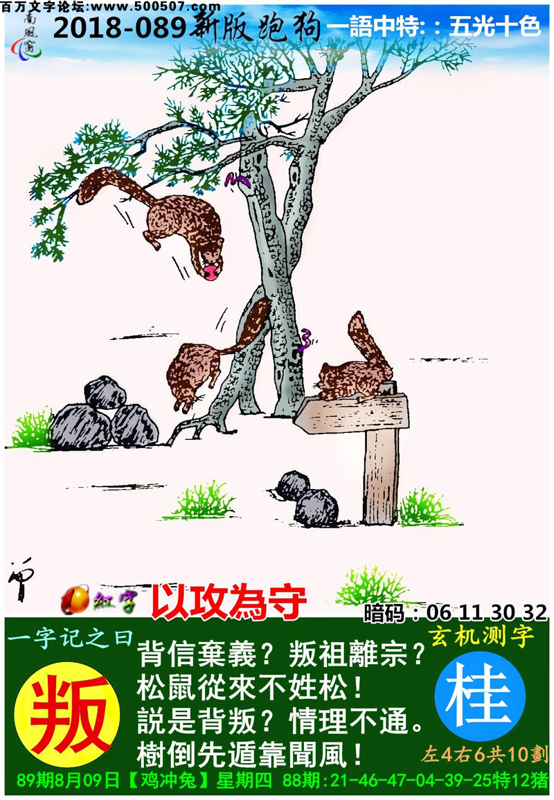089期跑狗一字記之曰：【叛】背信棄義？叛祖離宗？松鼠從來不姓松！説是背叛？情理不通。樹倒先遁靠聞風！玄機測字:《桂》_一語中特【五光十色】