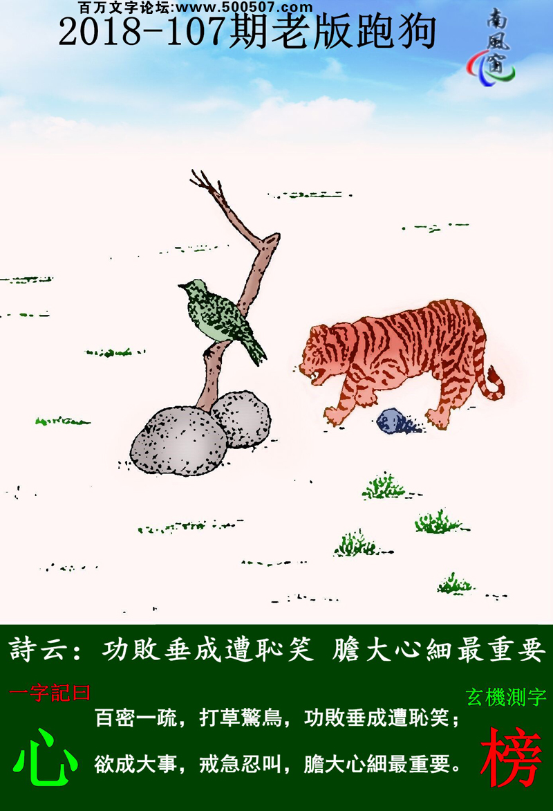 107期老版跑狗一字記之曰：【心】詩雲：功敗垂成遭恥笑，膽大心細最重要。百密一疏，打草驚鳥，功敗垂成遭恥笑；欲成大事，戒急忍叫，膽大心細最重要。玄機測字：《榜》