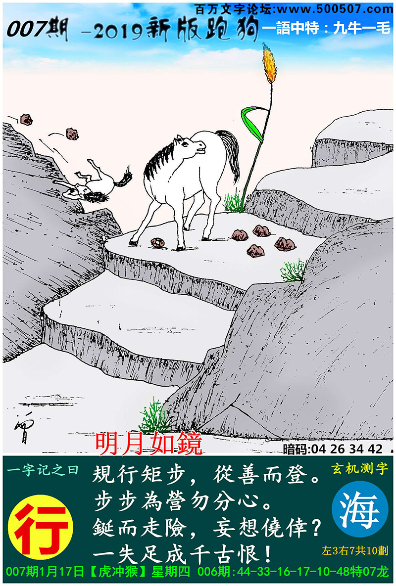 007期跑狗一字記之曰：【行】規行矩步，從善而登。步步為營勿分心。鋋而走險，妄想僥倖？一失足成千古恨！玄機測字:《海》一語中特【九牛一毛】