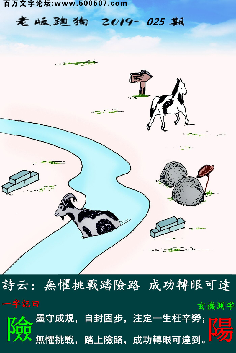 025期老版跑狗一字記之曰：【險】詩雲：無懼挑戰踏險路，成功轉眼可達到。墨守成規，自封固步，注定一生枉辛勞；無懼挑戰，踏上險路，成功轉眼可達到。玄機測字：《陽》
