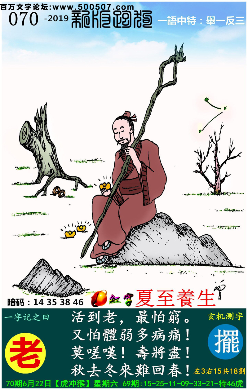 070期跑狗一字記之曰：【老】活到老，最怕窮。又怕體弱多病痛！莫嗟嘆！壽將盡！秋去冬來難回春！玄機測字:《擺》一語中特【舉一反三】