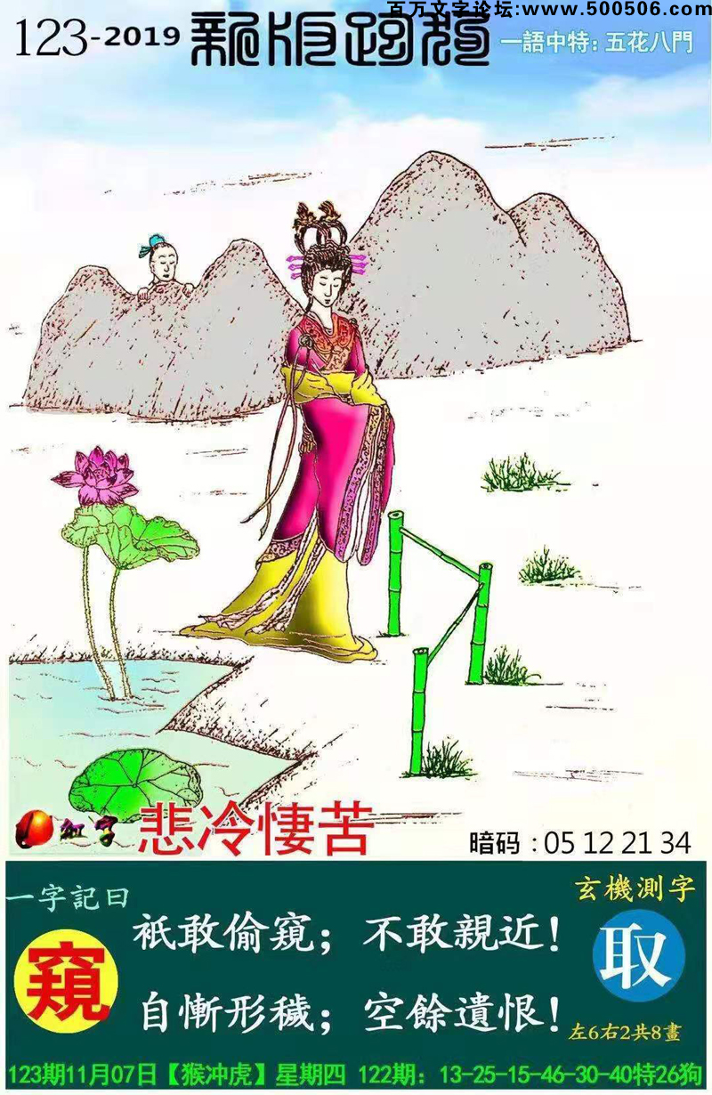 123期跑狗一字記之曰：【窺】祇敢偷窺，不敢親近；自慚形穢，空餘遺恨！玄機測字:《取》一語中特【五花八門】